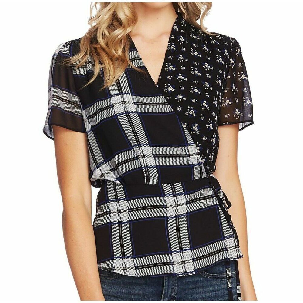 Vince Camuto Women's Wrap Blouse Mixed Print Floral Deep Black Size XS $89
